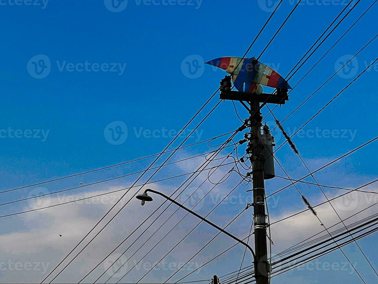 The kite caught in an electric pole photo