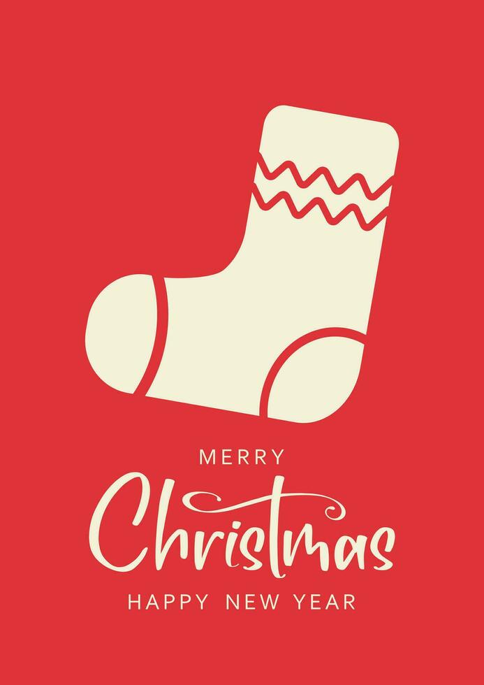Merry Christmas and Happy New Year lettering with sock. Christmas card concept vector