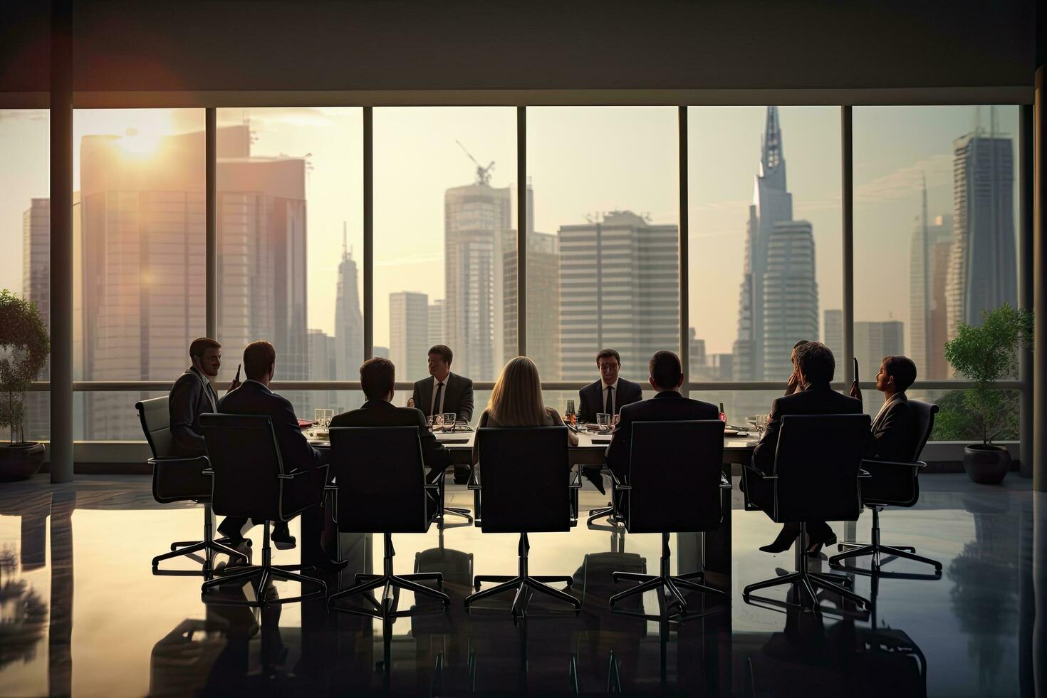 grupo de negocio personas en un reunión en un moderno oficina con panorámico ventanas, moderno negocio conferencia en un sala del consejo, lleno posterior vista, No visible caras, ai generado foto