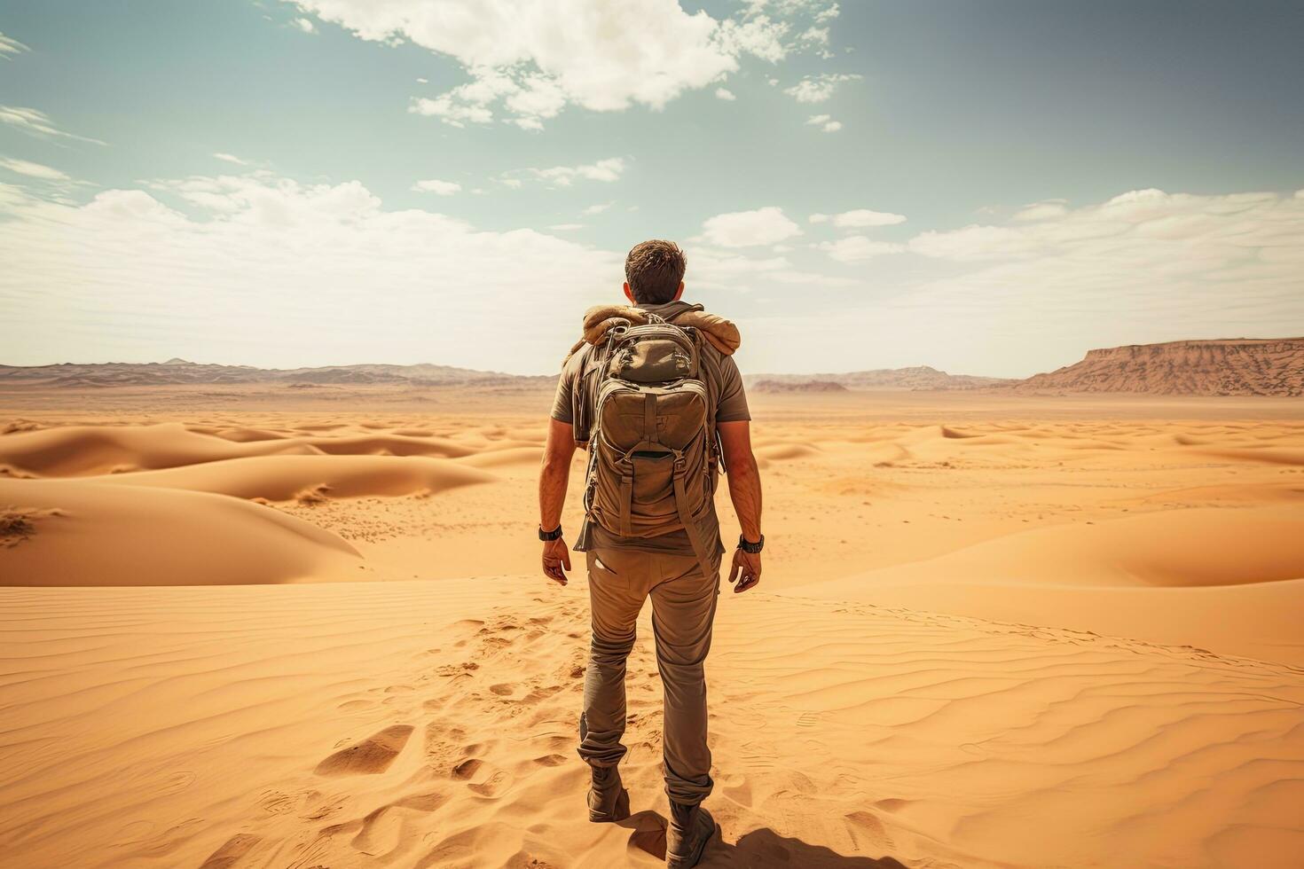 Hike in the desert. Man with backpack hiking in the desert. Travel and adventure concept, Male tourist standing in front of a sandy beach and watching the sea, rear view, full body, AI Generated photo