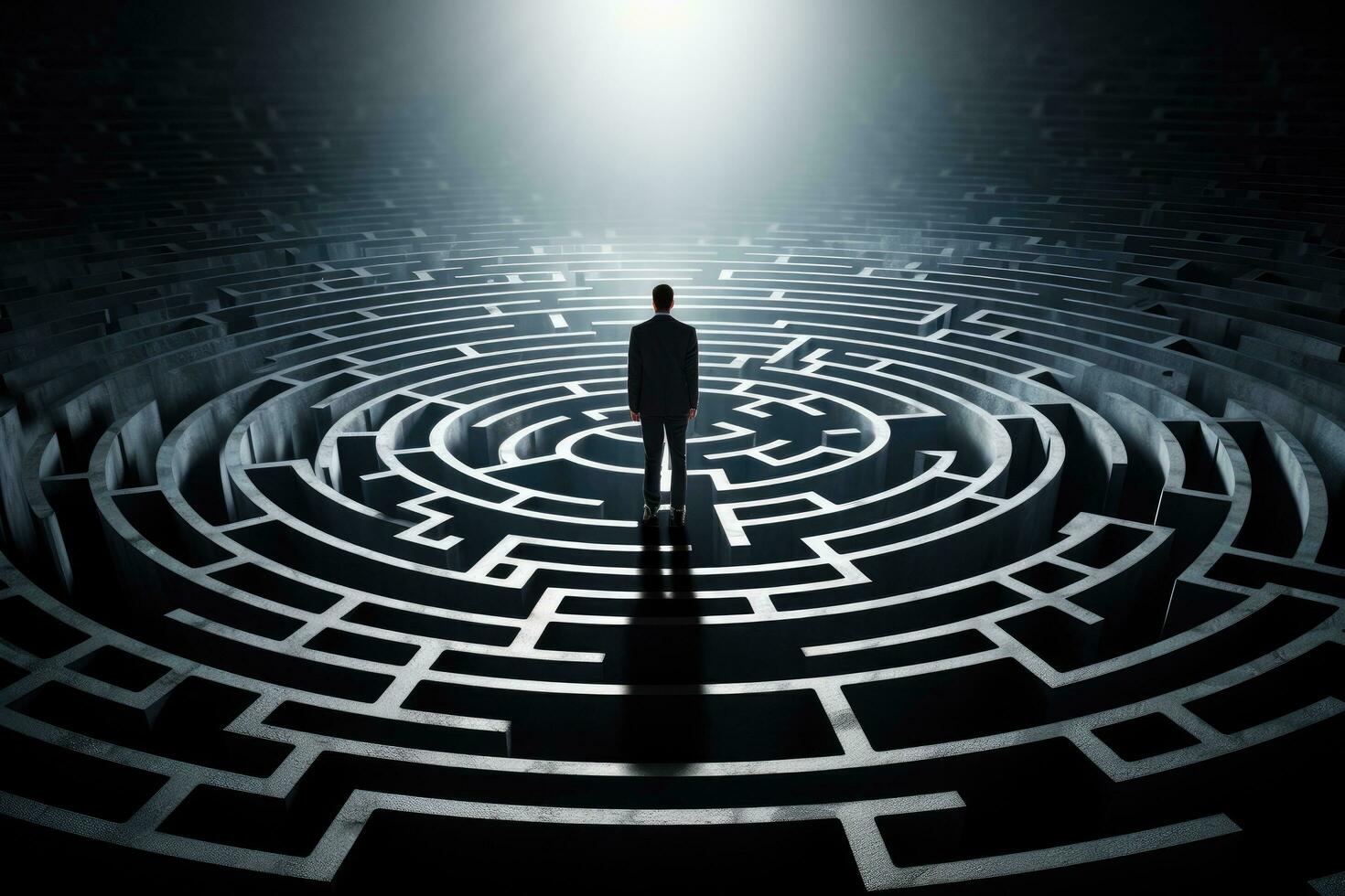 Businessman entering a circular maze with light coming out of the center, Man silhouette in maze or labyrinth. Finding solution and self concept, AI Generated photo