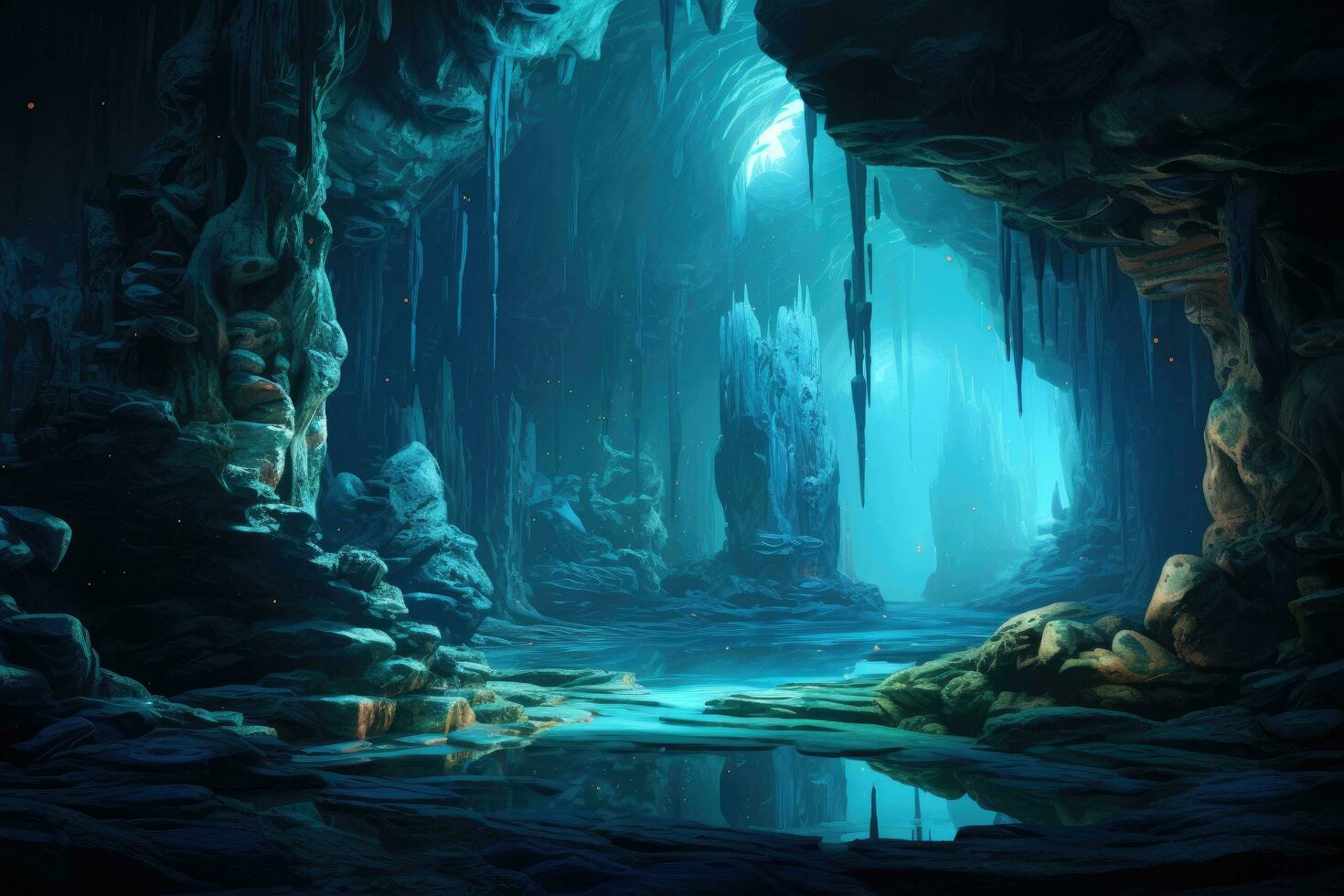 Fantasy alien cave. 3D rendering. Computer digital drawing, mesmerizing underwater cave system full of stunning stalactite formations, bioluminescent creatures, and hidden chambers, AI Generated photo