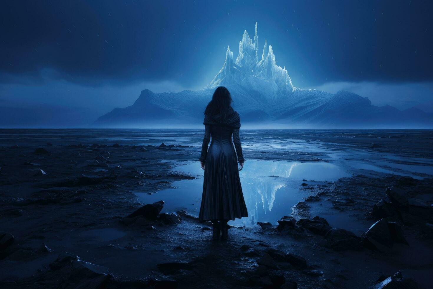 Woman in a long black dress standing on the shore of a frozen lake with a mountain in the background, minimalist photography, ice ruins, intricate, night, high resolution, 8K ultra HD, AI Generated photo
