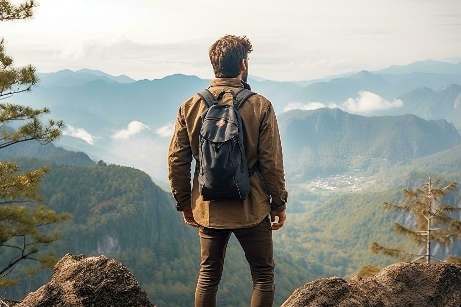 Man with backpack standing on the edge of a cliff and looking at the valley Male