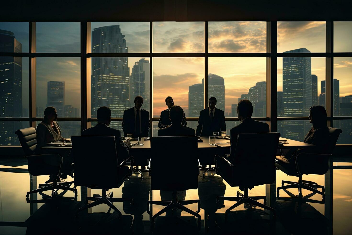 Business People Meeting Discussion Cityscape Teamwork Concept. 3D Rendering, Modern business conference in a boardroom, full rear View, No visible faces, AI Generated photo