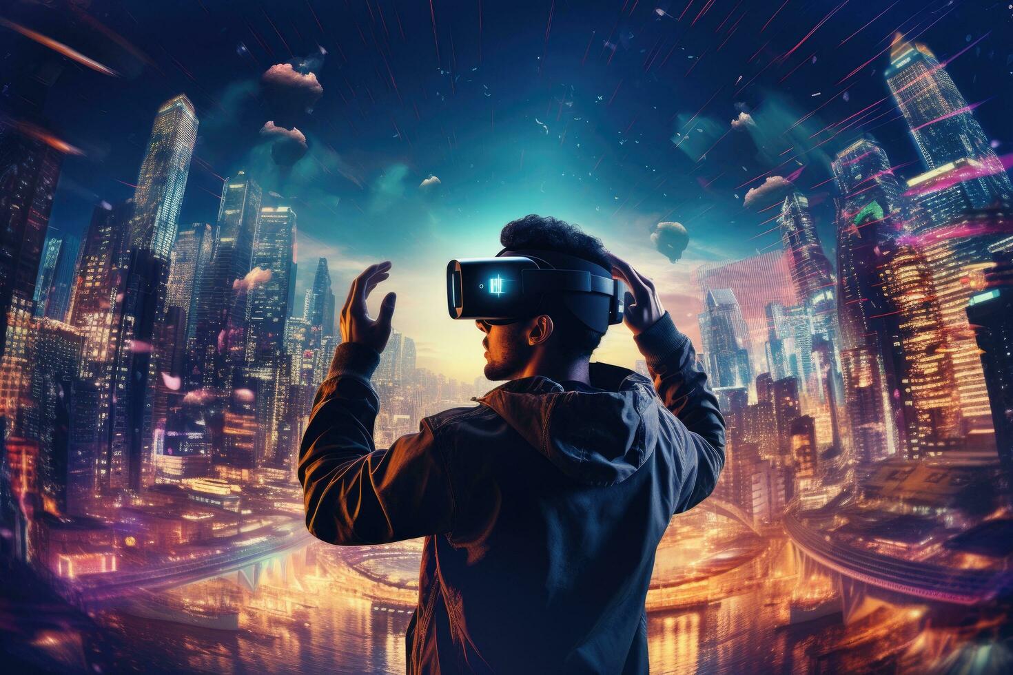 Young man with virtual reality headset or 3d glasses over cityscape background, Man playing video games with virtual reality headset over night city background, AI Generated photo