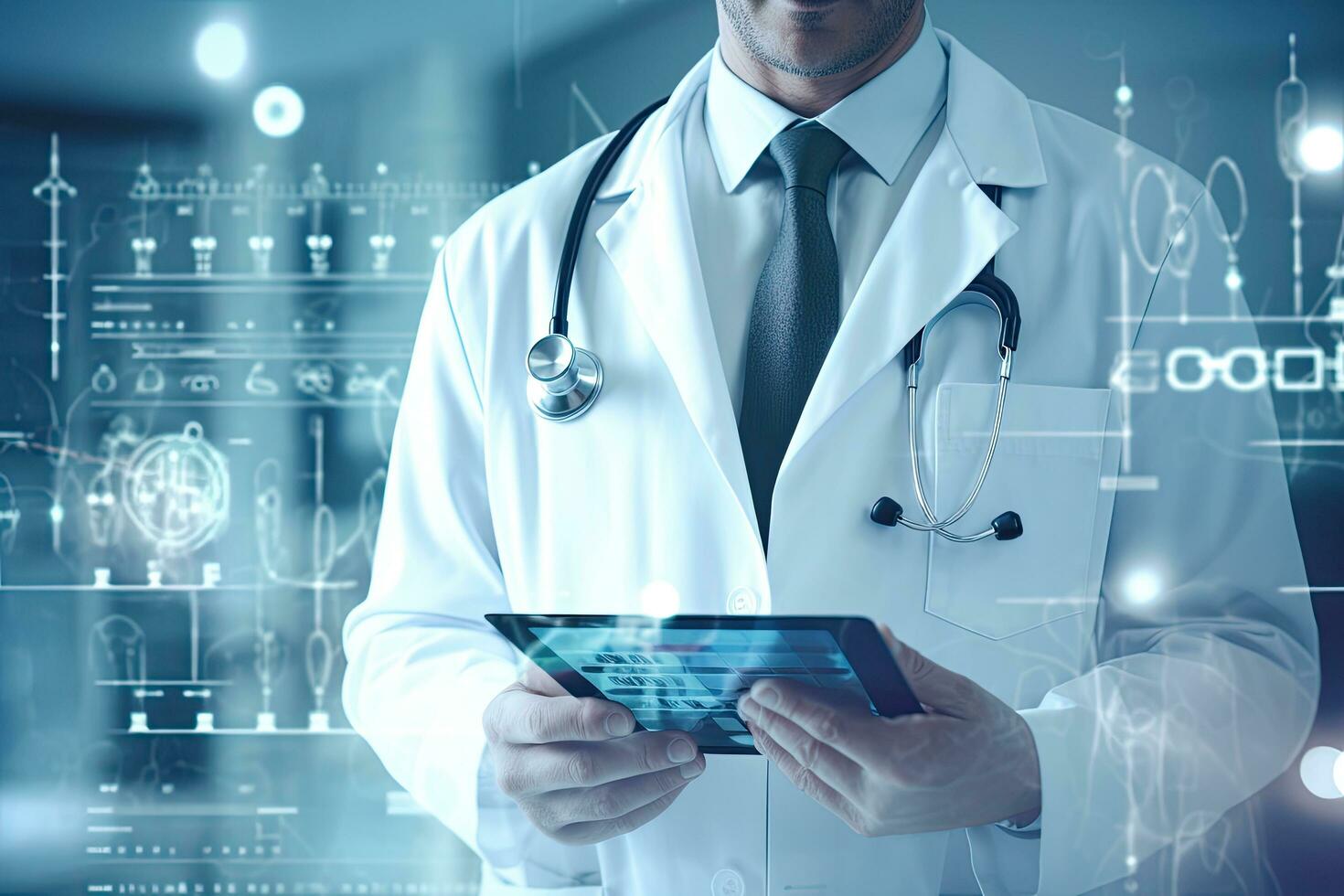 Close up of male doctor holding tablet pc with medical interface on blurry background, Medical doctor using tablet pc with medical icons on the media screen, AI Generated photo