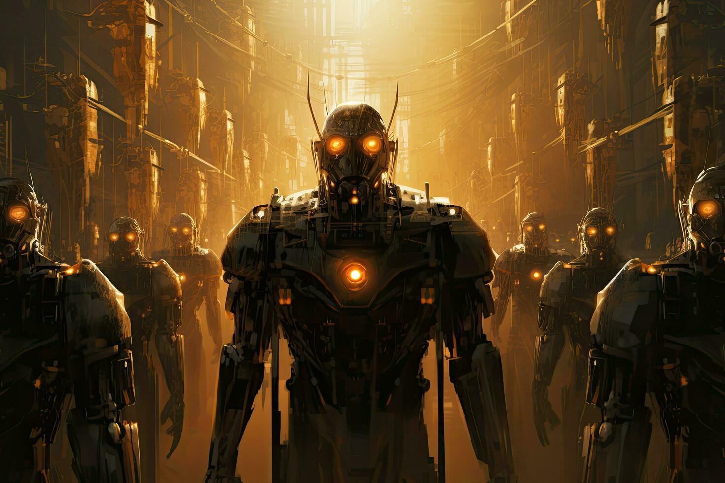 robot and cyborg in the future,3d rendering, Mechanical Guardians An image featuring towering AI robots, their imposing presence and glowing eyes signifying their role as, AI Generated photo