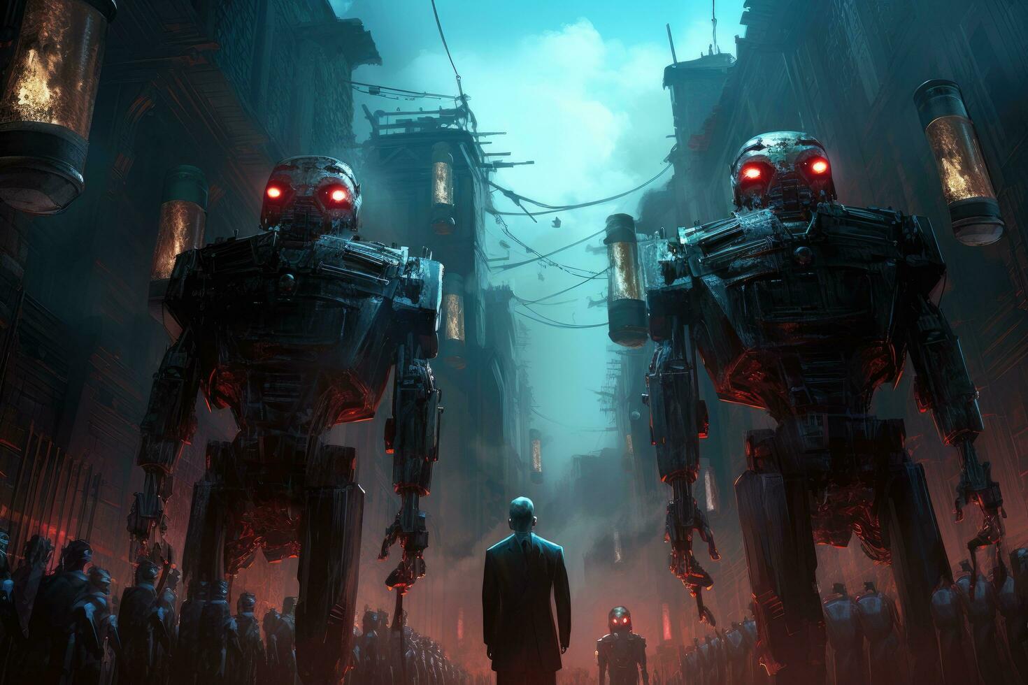 Fantasy scene of a man standing in front of a group of robots. 3D rendering, Mechanical Guardians An image featuring towering AI robots, their imposing presence and glowing eyes, AI Generated photo
