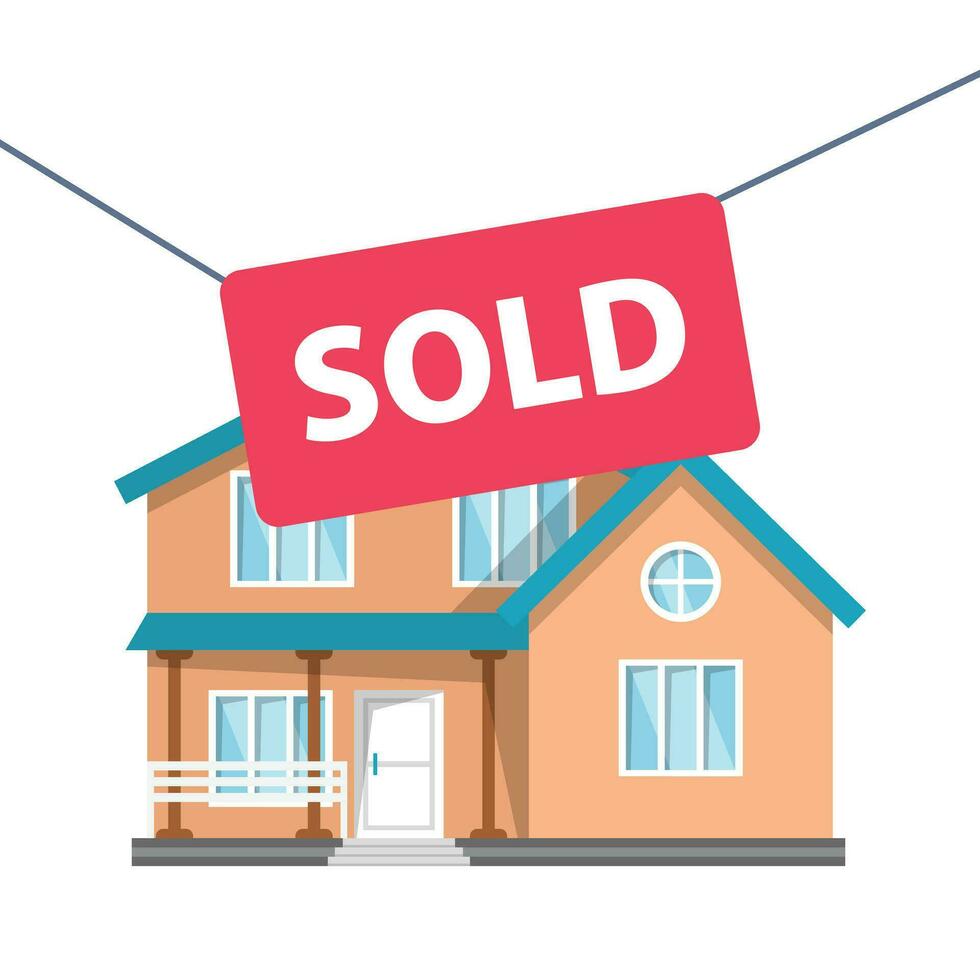Real estate banner with house icon in flat style. Sale label vector illustration on isolated background. Sold sign business concept.