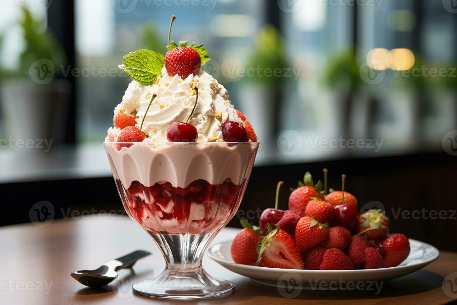 Frosted glass of strawberry ice cream sundae layered with whipped cream with fresh strawberries and a cherry on top, Mid-angle Shot, created with AI Generated photo