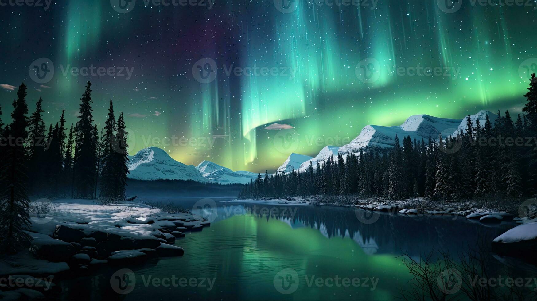 a lake with trees and mountains in the background photo