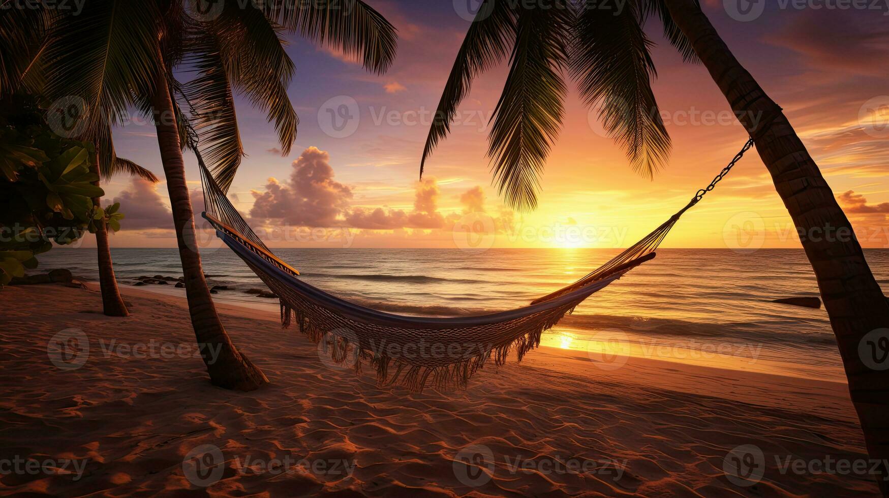 a hammock between palm trees on a beach photo