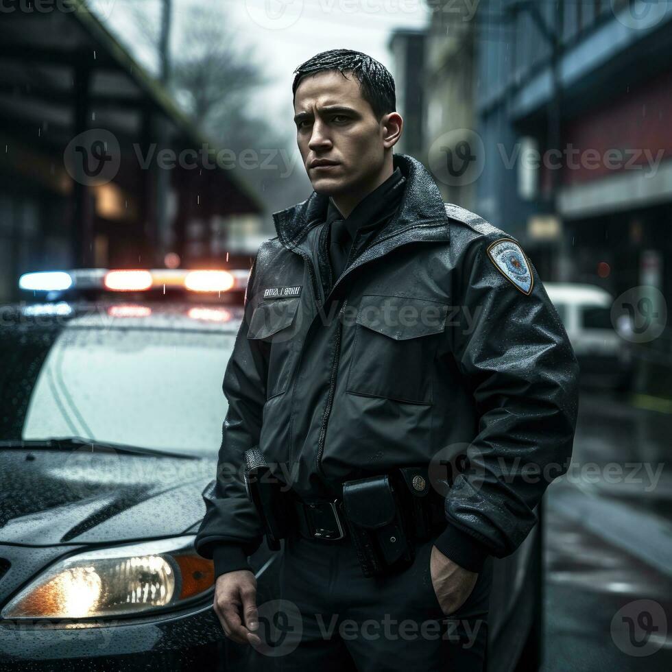 a man in a police uniform standing next to a car photo