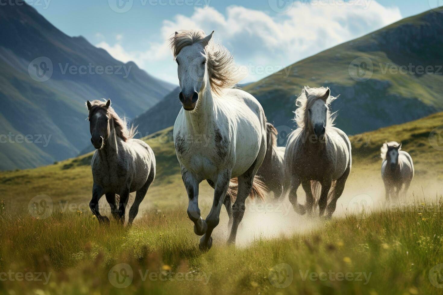 a group of horses running in a field photo