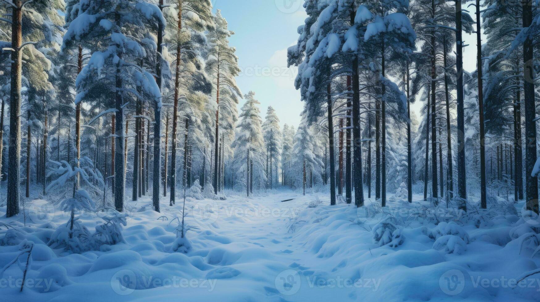 a snowy path in a forest photo