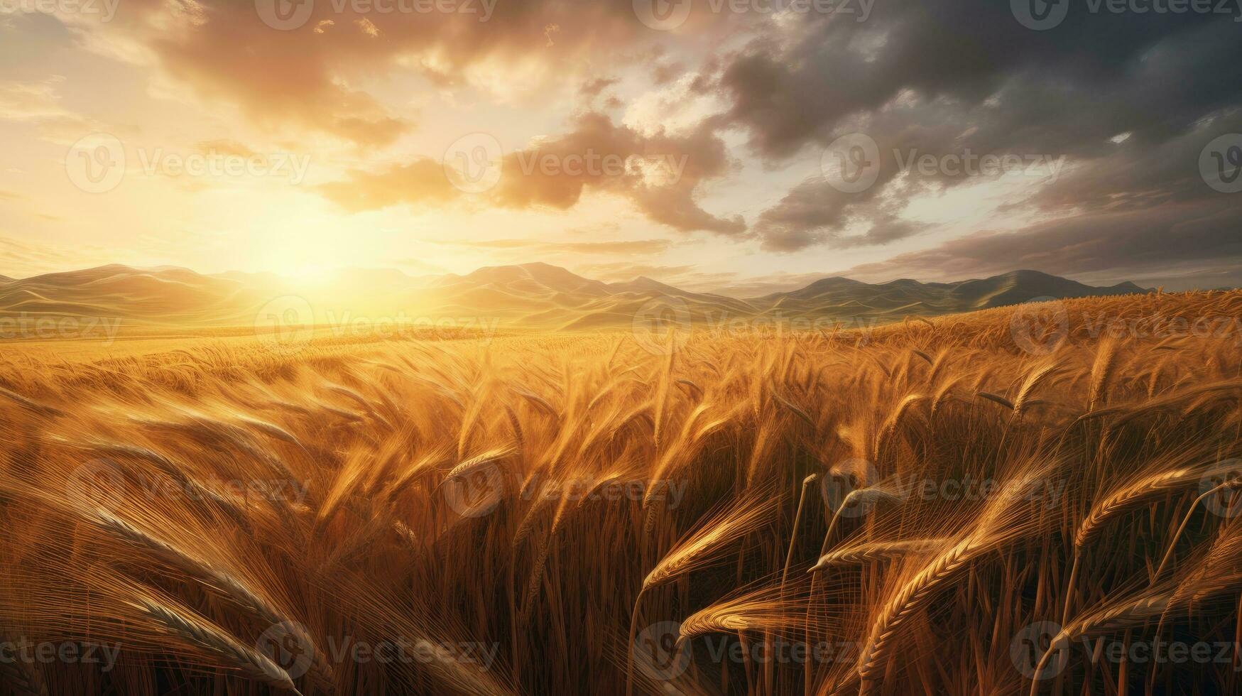 a field of wheat with mountains in the background photo