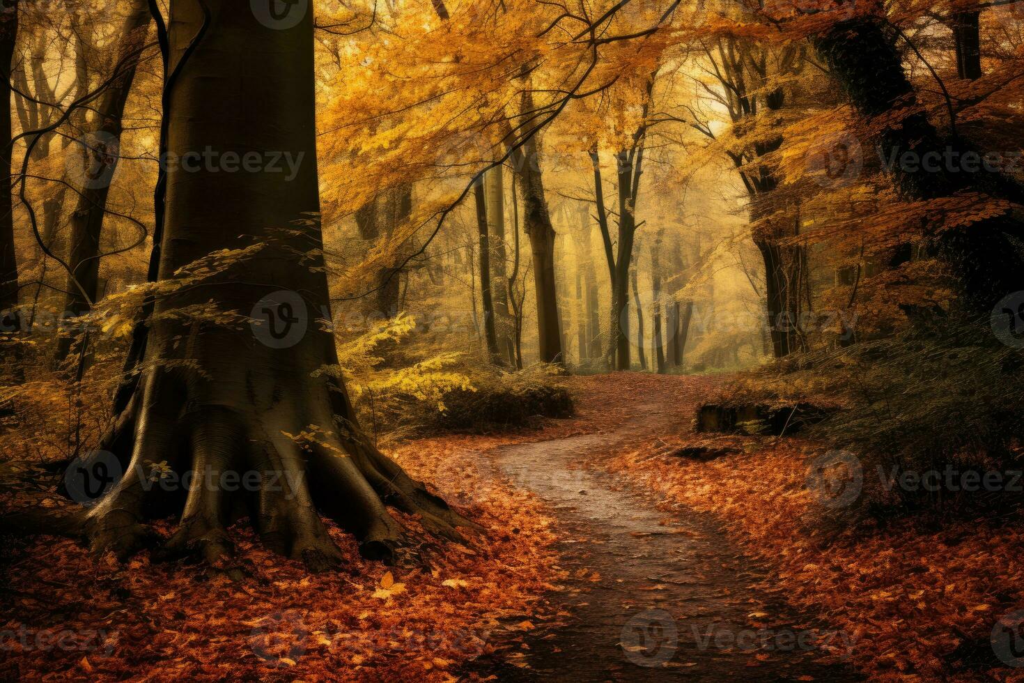 a path through a forest with trees and leaves photo