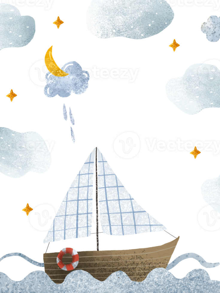 Poster mit ein hölzern Yacht und ein Weiß kariert Segelboot Segeln auf Blau Wellen. Ozeanien, Fluss. Seelandschaft mit Wellen und Blau Wasser. Einladung zum Kinder- Party Aquarell Illustration png