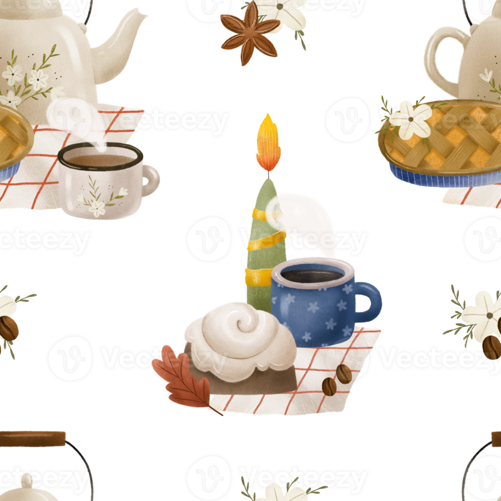 endless pattern with autumn food composition. Teapot with pumpkin pie and cup of tea. Green candle near blue cup of coffee and cake. October colored leaves and flowers png