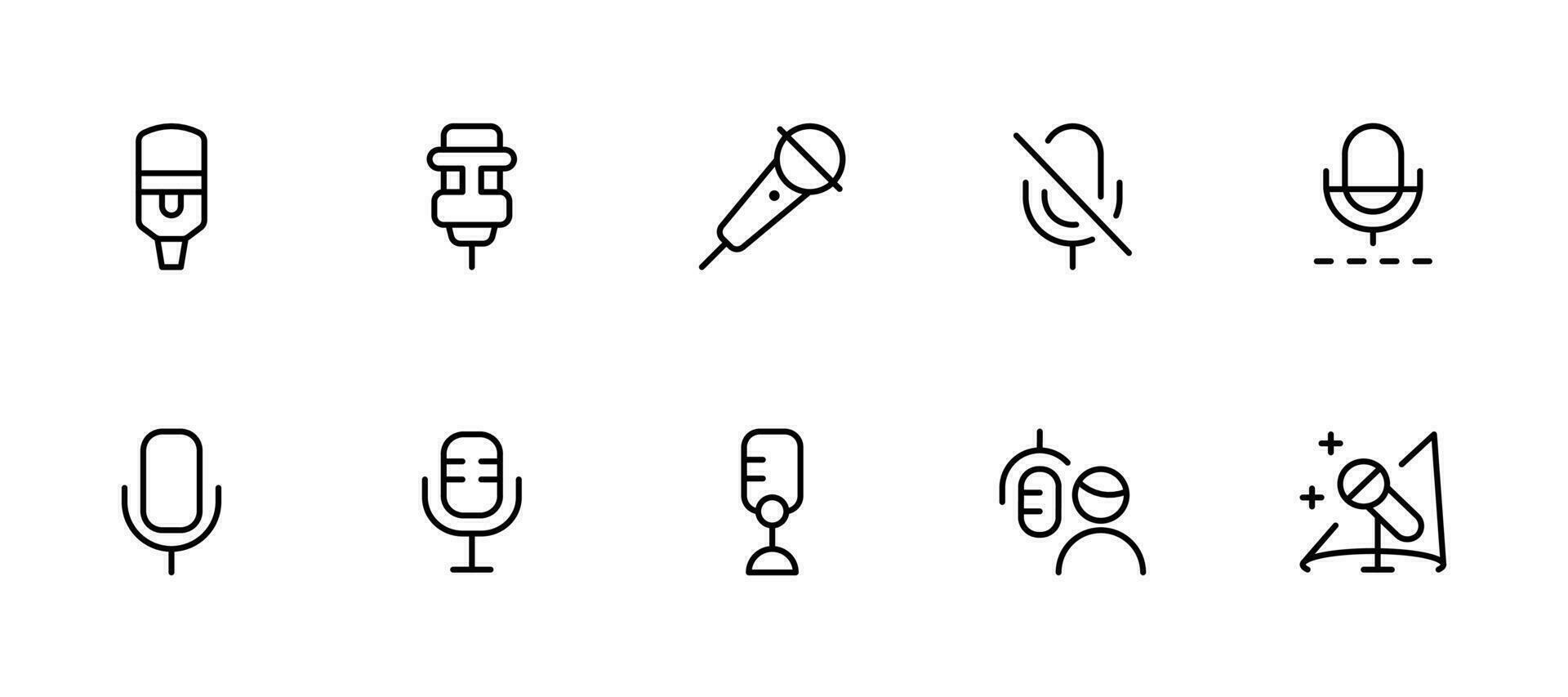 Microphone Icons set. variant microphone icon. Karaoke mic. Podcast microphone. Editable Stroke. Line, Solid, Flat Line, and Suitable for Web Page, Mobile App, UI, UX design. vector