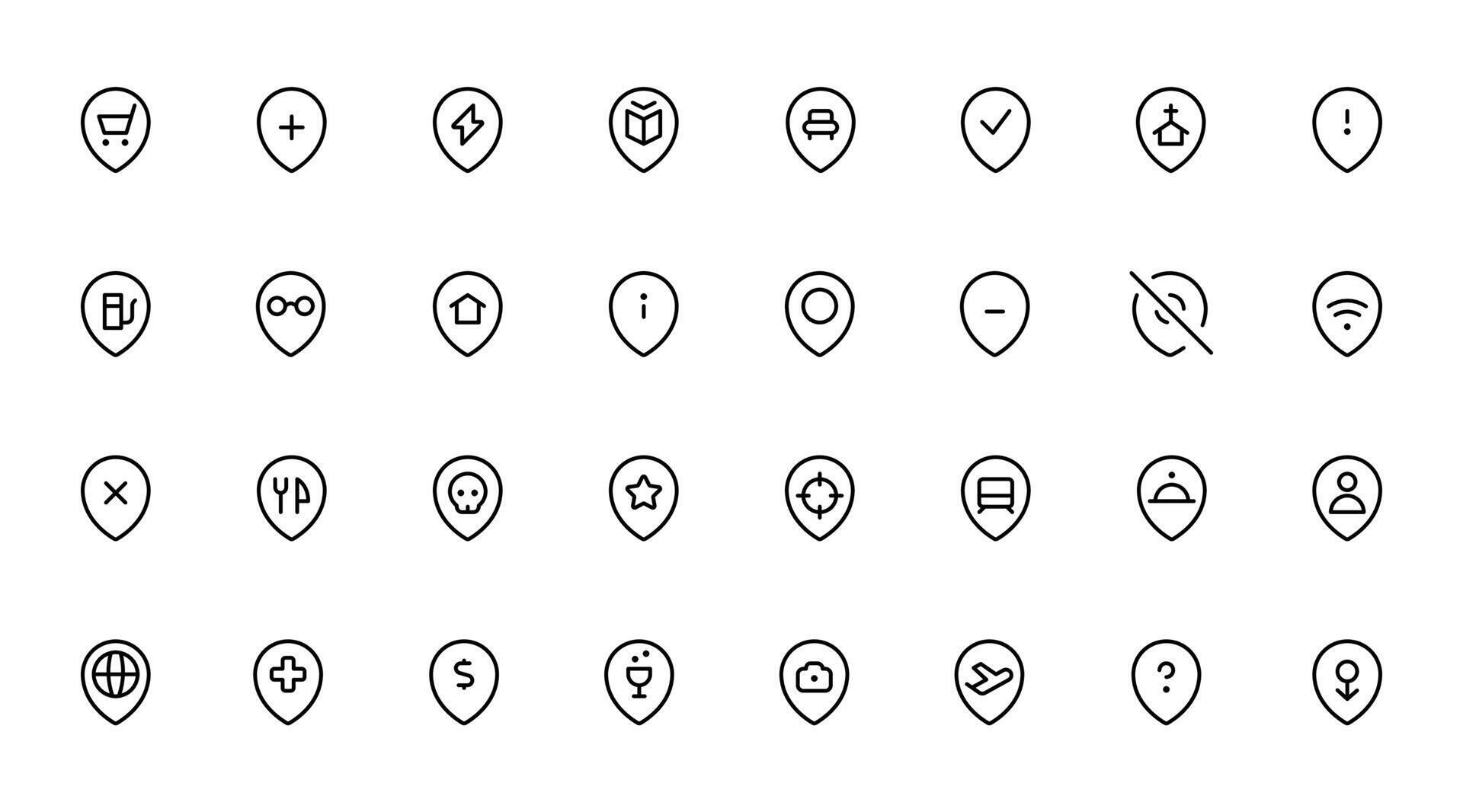 Location icons. Map pin place marker. linear Editable Stroke. Line, Solid, Flat Line, thin style