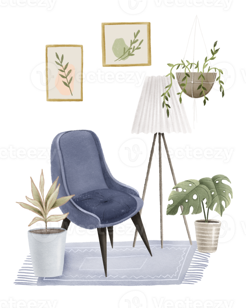 azul moderno interior de vivo habitación con azul sillón, blanco piso lámpara y casa en conserva plantas. composición con moderno habitación diseño. hogar jardín concepto. todavía vida con hogar plantas png