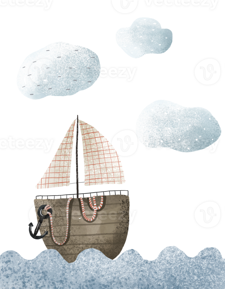 houten jacht met een wit zeilboot en een anker in de oceaan. water vervoer, reizen. afbeelding voor jongens. hand- getrokken illustratie, geïsoleerd ontwerp voor afdrukken, textiel, stickers png