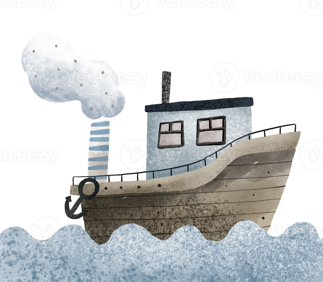 Wooden old steamship on the high seas, Oceania. Water transport, travel, sea expedition. Picture for boys. Hand drawn illustration, isolated design for print, textile, stickers png