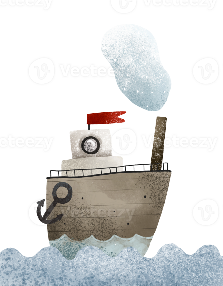 Wooden antique ship on the open sea. Water transport, travel, sea expedition. Picture for boys. Hand drawn illustration, isolated design for print, textile, stickers png