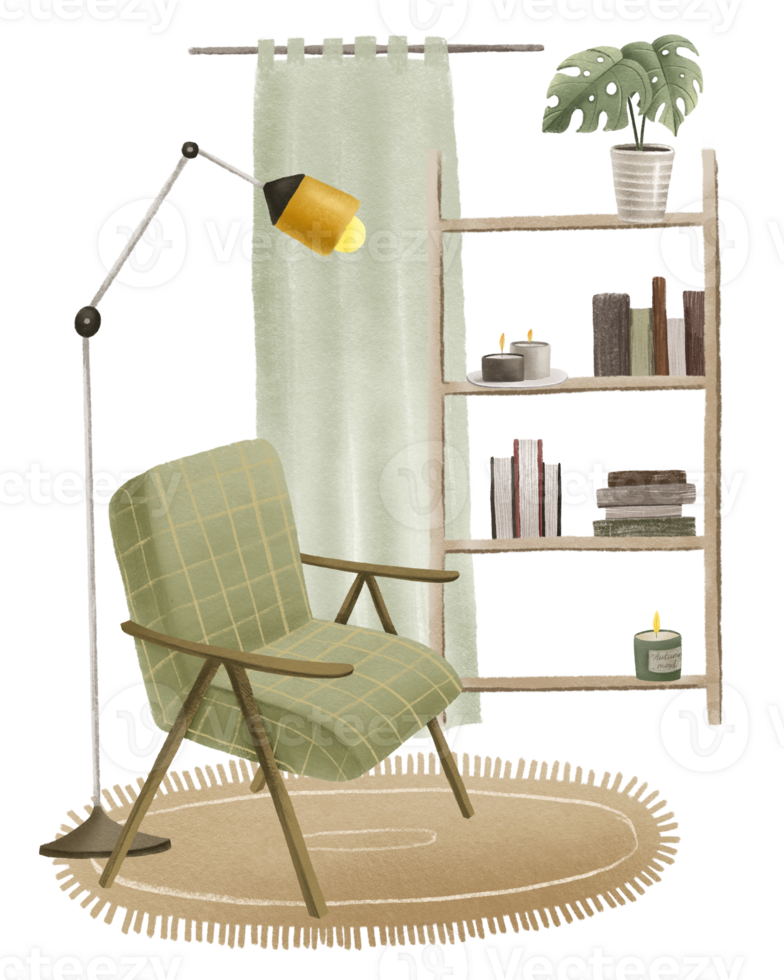 vivant chambre. chaud tons avec vert fauteuil et minimal décoration. en bois étagère avec livres et maison les plantes. confortable chambre. dessiné à la main composition png