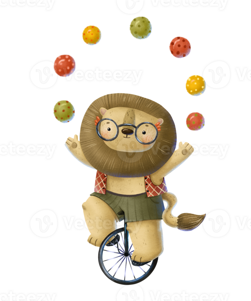 Illustration of a lion in a vest on a unicycle with circus balls. Fairytale show for children, cartoon character. Cute hand drawn illustration png