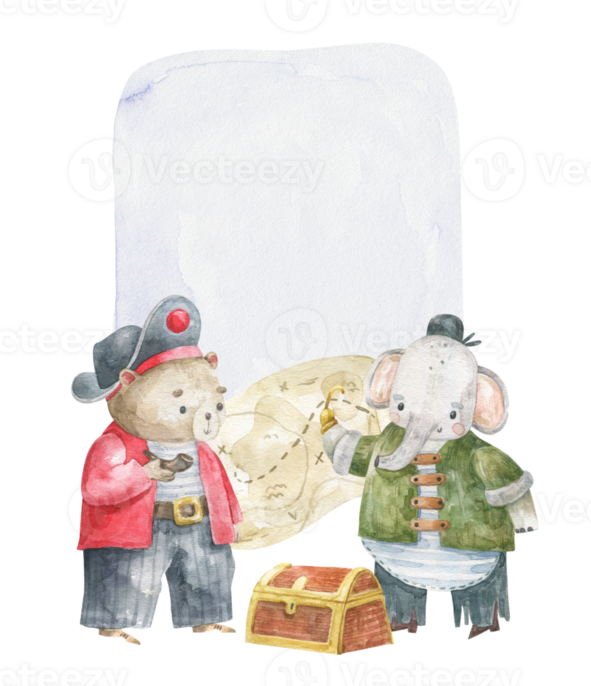 Sea composition. Bear and elephant play pirates. Children's party of friends. Old pirate map, wooden box with treasure on isolated background. Cute childish watercolor illustration for poster png