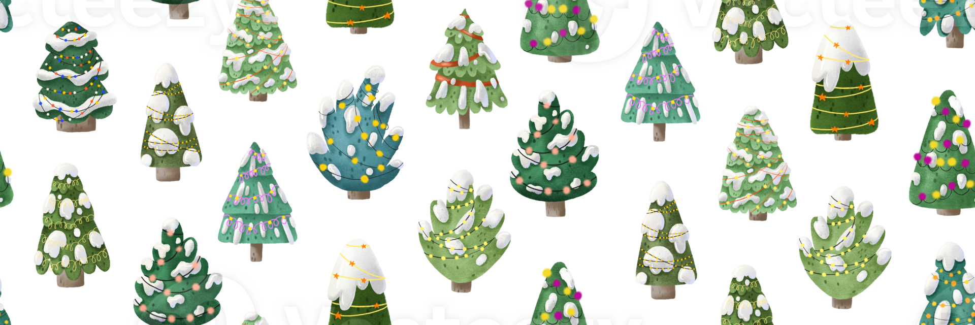 Christmas seamless pattern with spruce, fir, pine, evergreen trees and garland, light, toys. Decor for new year eve. Celebration. Winter holidays png