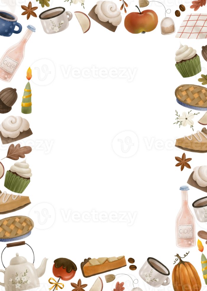 vertical thanksgiving frame with bakery, tea, teapot, pie, apple cider, leaves, acorns and cake, desserts. Isolated design, hand painted illustration png