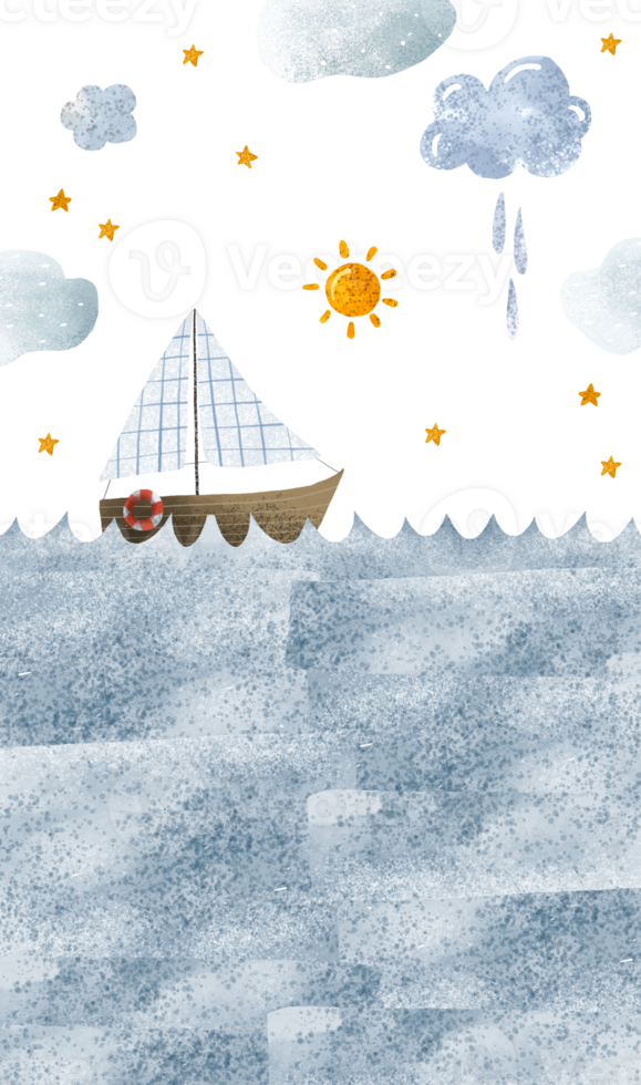 verticale illustration avec mignonne en bois yacht, rivière Voyage. repos. paysage marin avec vagues, ciel avec des nuages, étoiles et Soleil. enfants paysage. Océanie. isolé illustration png