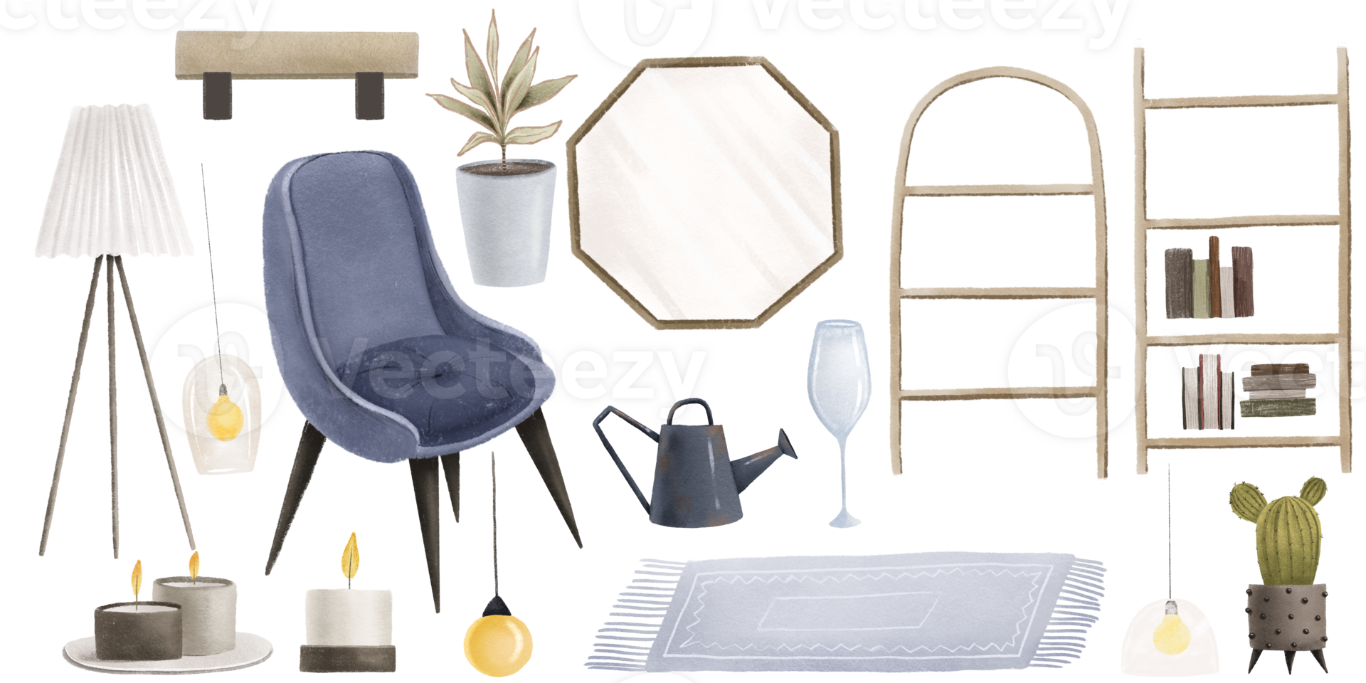 geïsoleerd klem kunst met interieur elementen. fauteuil, elektrisch lamp, spiegel, planken, kaarsen, tapijt. huis decor. interieur aannemer, hand- geschilderd illustratie png