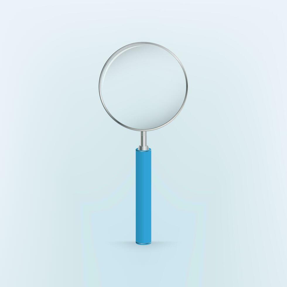 Realistic Magnifying glass on blue background, loupe with blue handle. vector