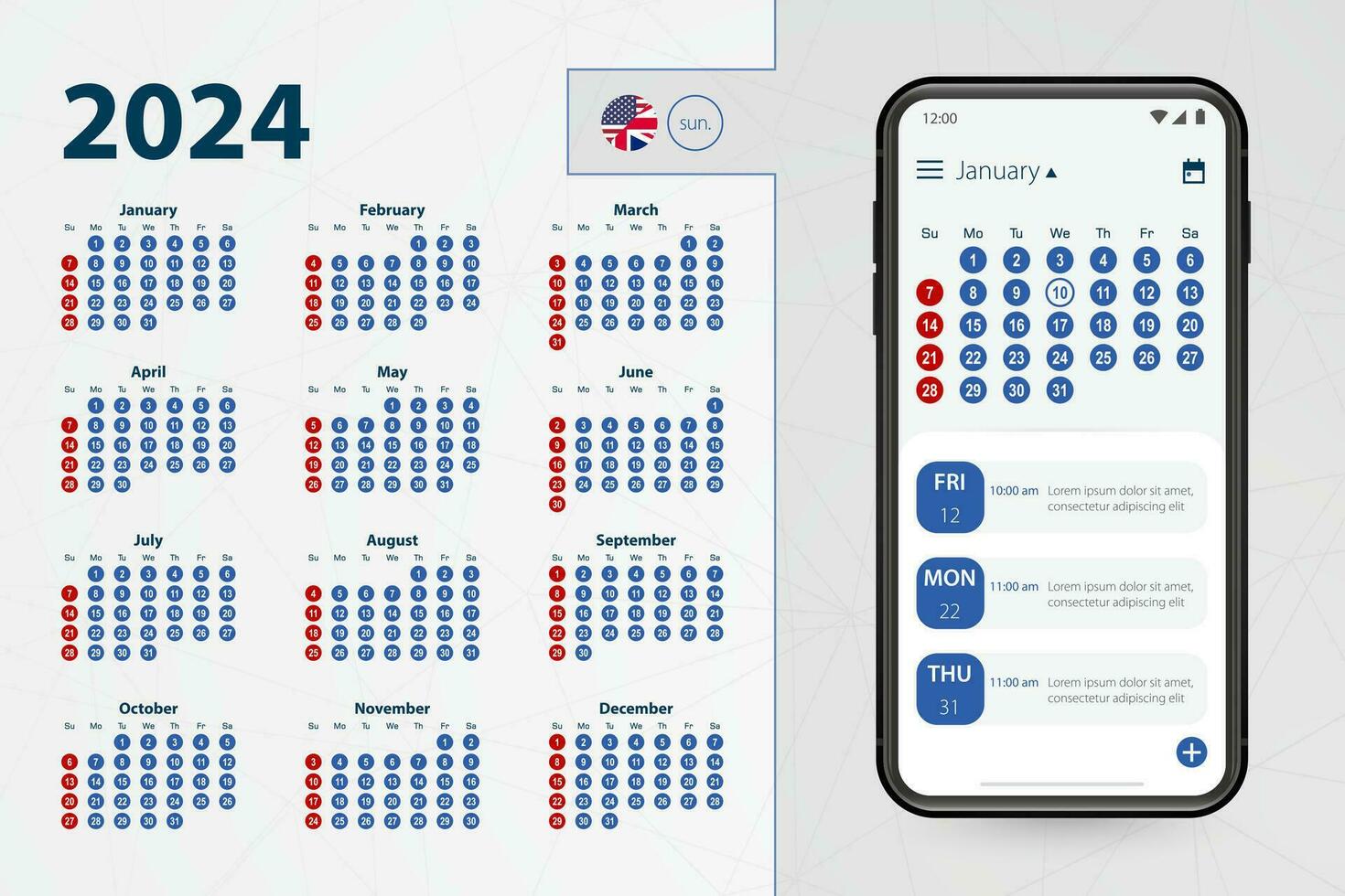 Calendar application for Smartphone. Vector calendar 2024 week starts from Sunday, English language.