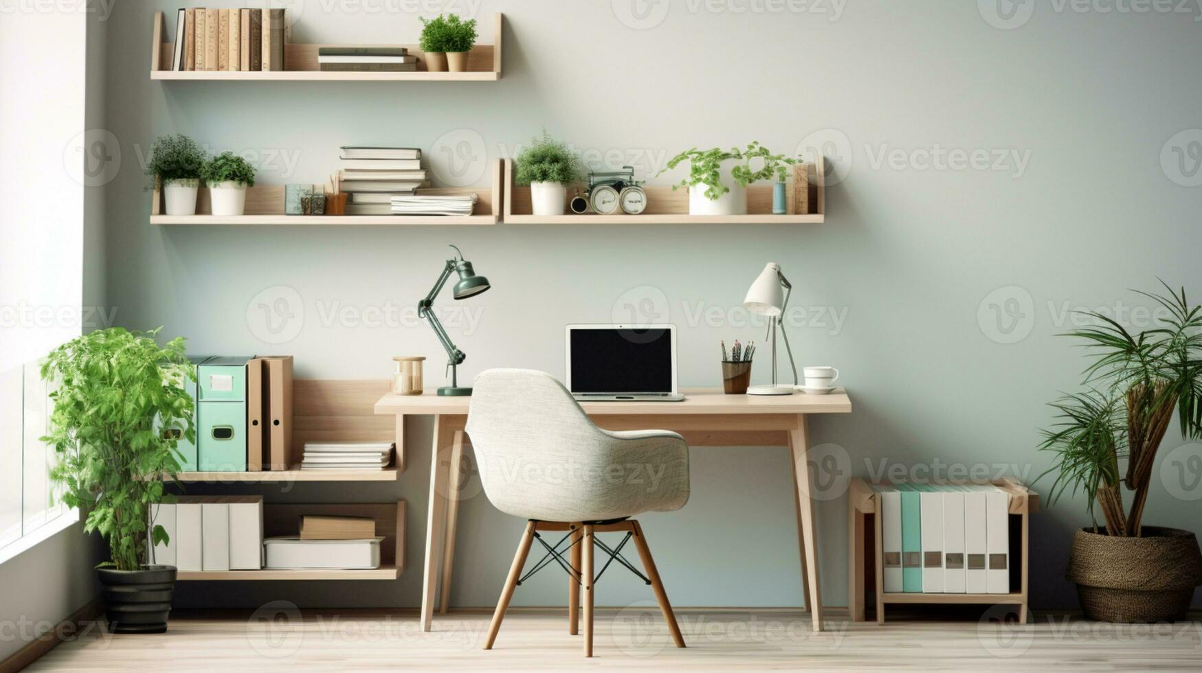 Contemporary furnished home office, comfortable office, workspace with desk and chair, stylish interior design, AI Generative photo