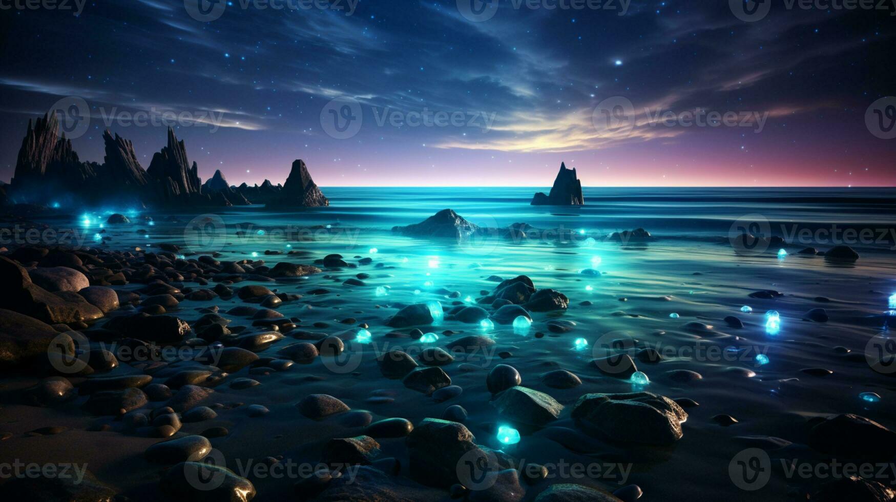 Fantasy seascape, Night view of the ocean, glowing sea, Beautifully starry night sky, dreamy atmosphere, AI Generative photo