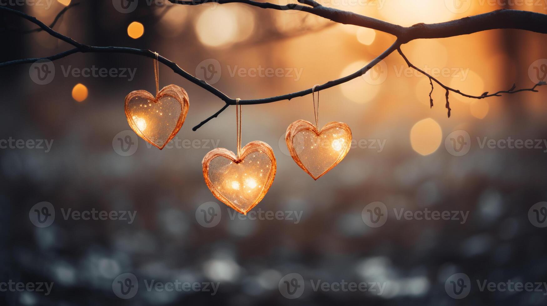 Sparkle Glowing Heart reflected lights, orange and gold, captivating visual, Romantic scenery, dreamy, copy space, greeting card, AI Generative photo