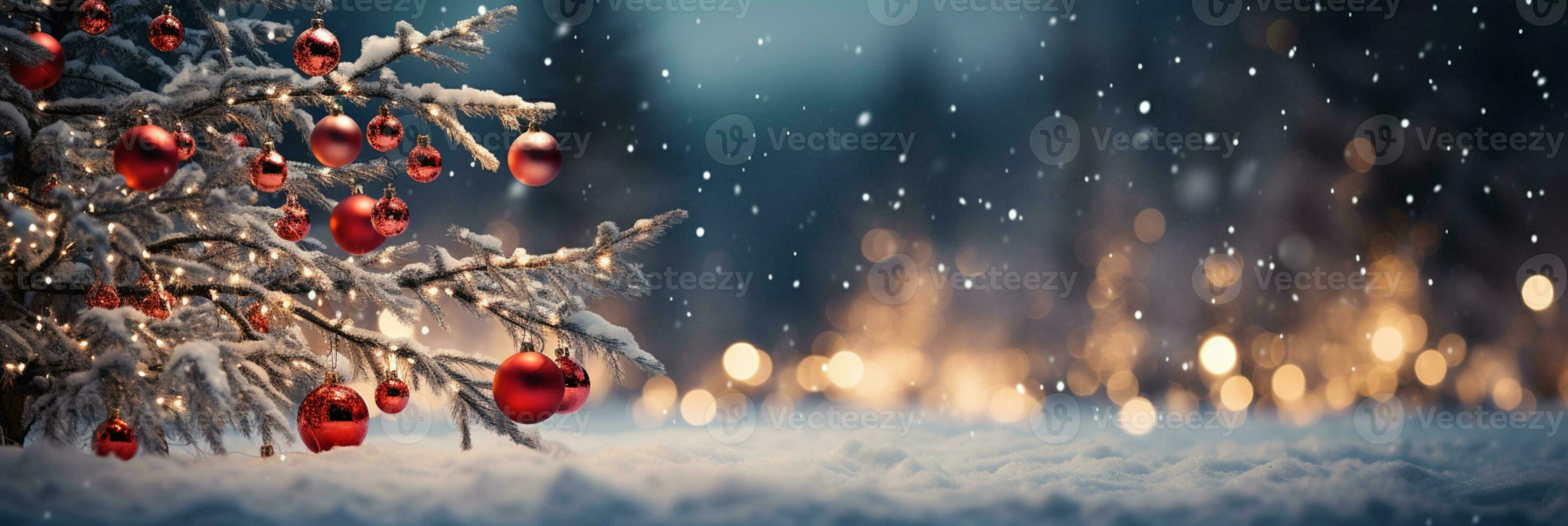 Close up of lighted Christmas tree Ornament, winter holidays decoration, copy Space, greeting card, AI Generative photo