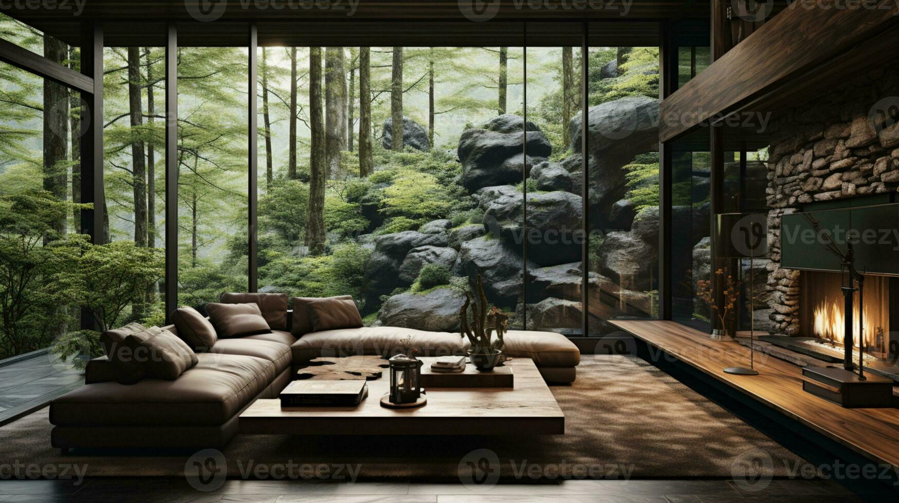Interior Design, Living room with serene nature view, Beautiful mansion design in the forest, AI Generative photo