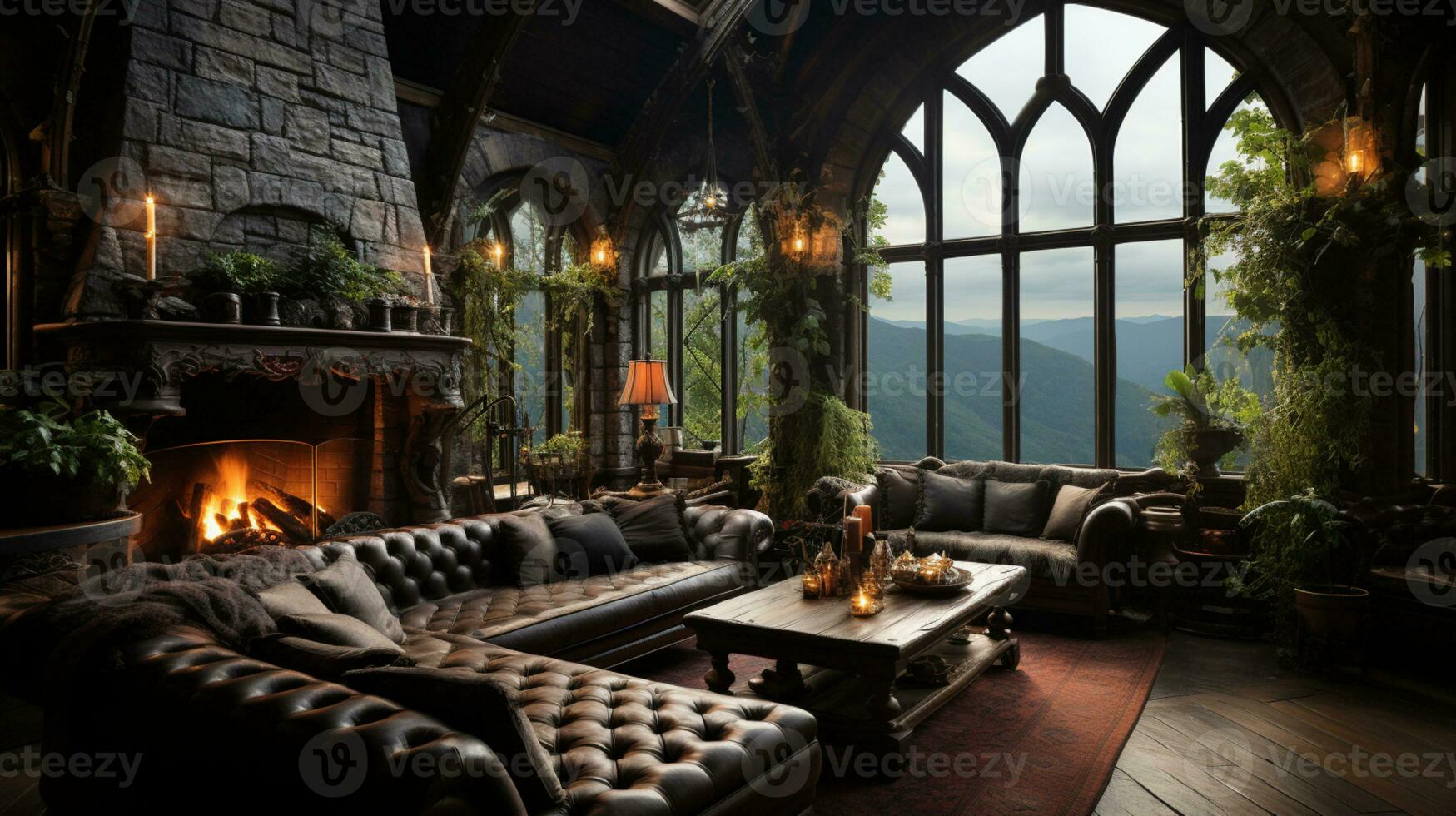 Interior Design, Beautiful Living room Gothic Style, Luxury Mansion, Elegant tall window, AI Generative photo