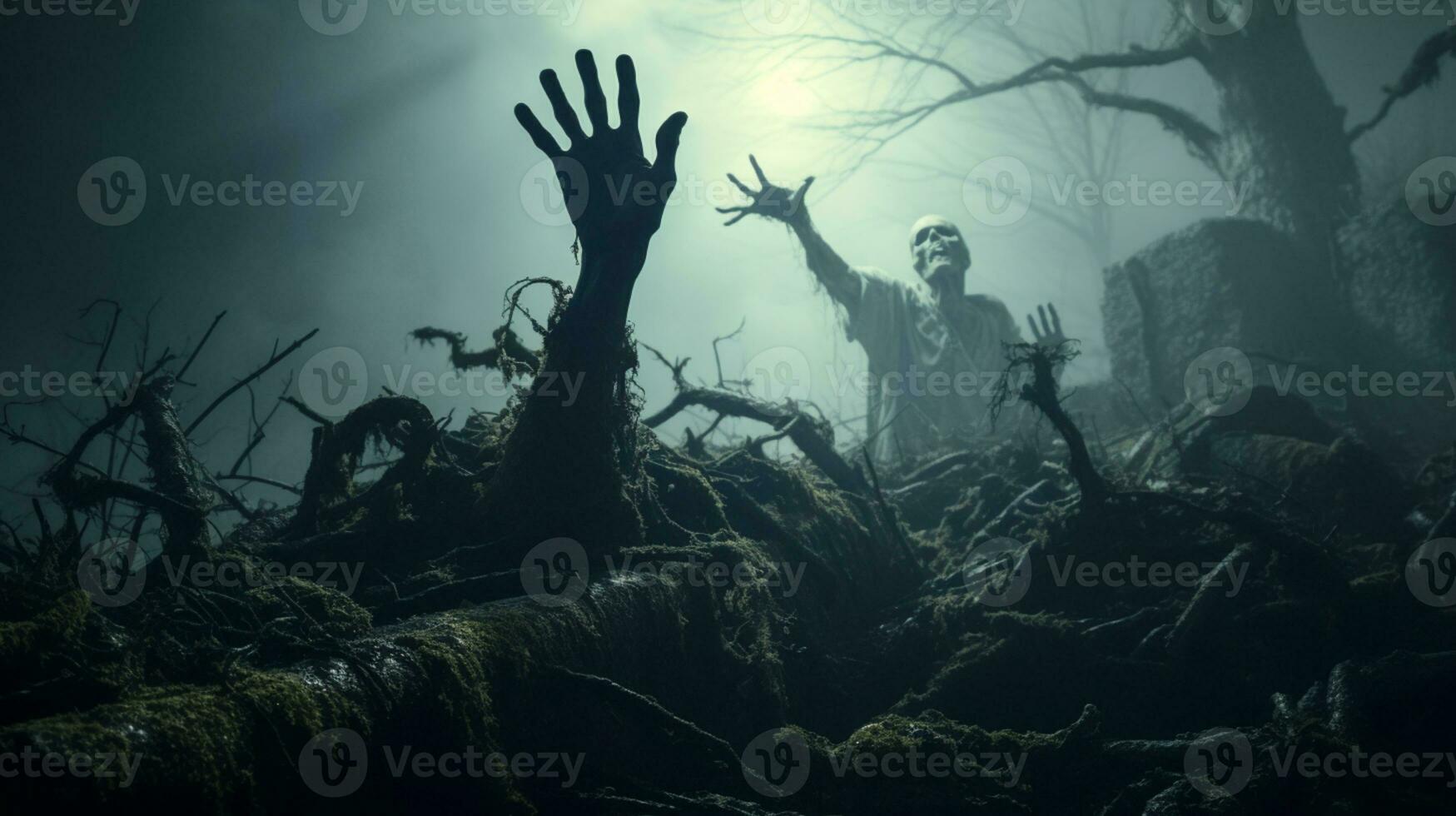 Ghost scenery Halloween background, Zombie Apocalypse, scary haunted cemetery, AI Generative photo