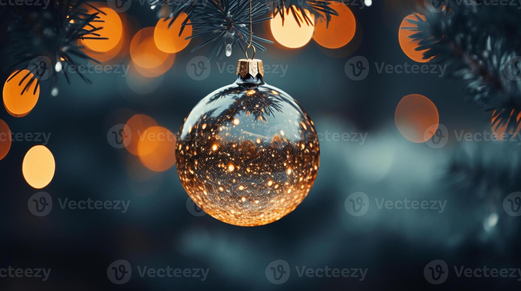 Close up of lighted Christmas tree Ornament, winter holidays decoration, copy Space, greeting card, AI Generative photo