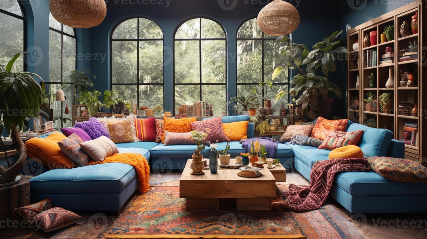 Furnished Modern Living room, bohemian inspired interior design, AI Generative photo