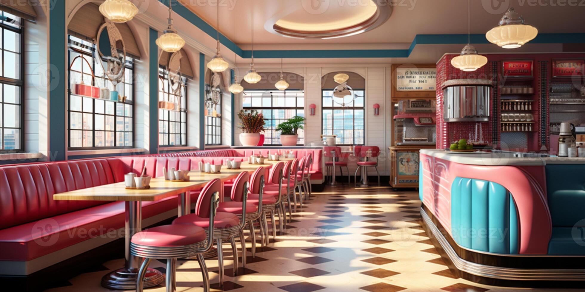 Retro vintage diner restaurant, interior design, stylish old fashioned design concept, AI Generative photo