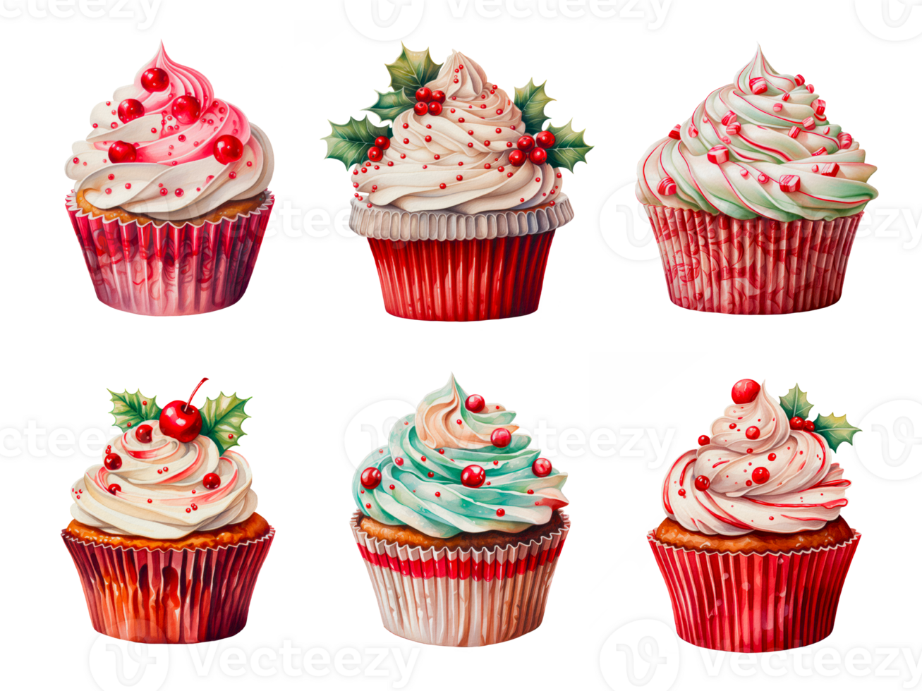 Set of Christmas cupcakes in watercolor. AI Generative png
